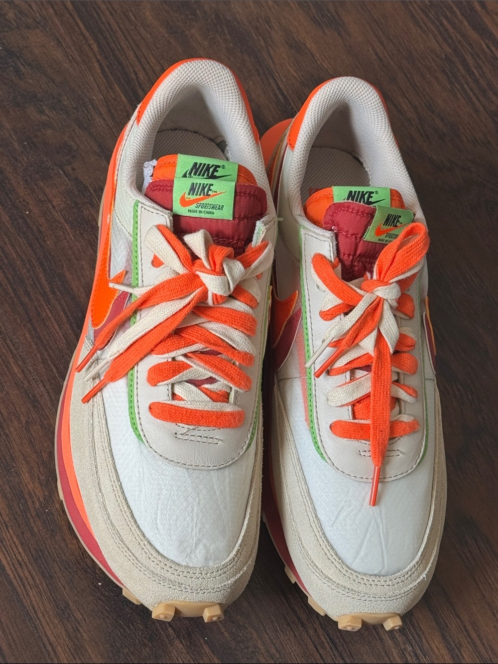 The Nike x sacai x CLOT LDWaffle "Net Orange Blaze